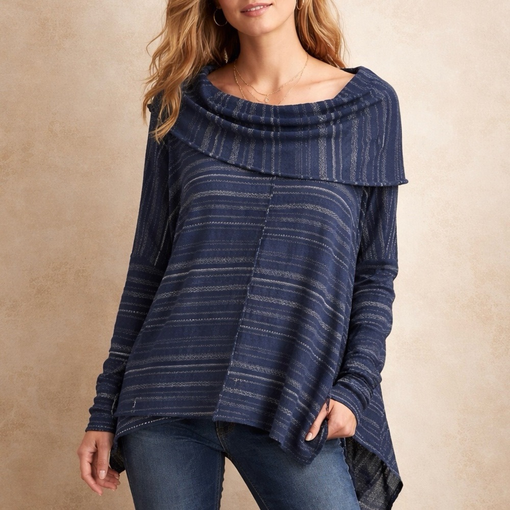 Free People Banana Split Navy Striped Cowl Neck Sheer Knit Tunic M Alpaca Wool
